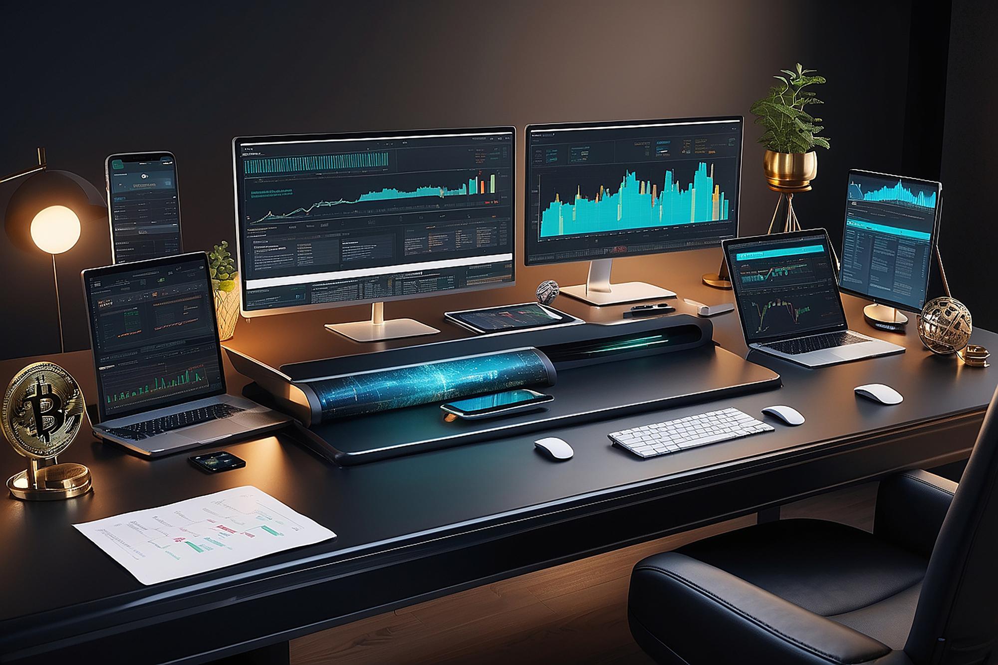 Analyst desk with multiple monitors and charts